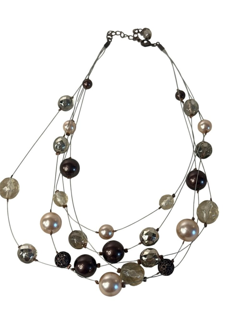 Multistrand Station Necklace Faux Pearl Clear Beads Wire Floating Boho Statement